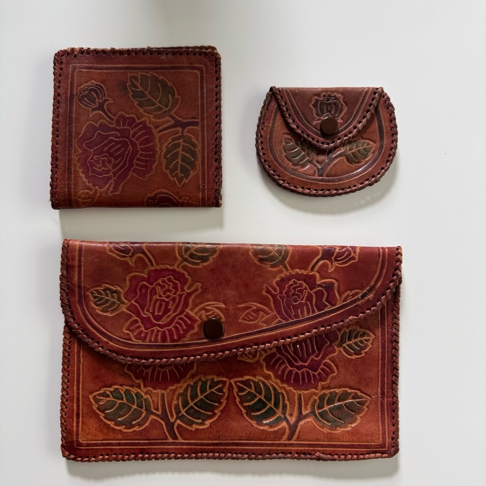Vintage hand tooled rose design leather 3 purse set (clutch, wallet, coin purse)
